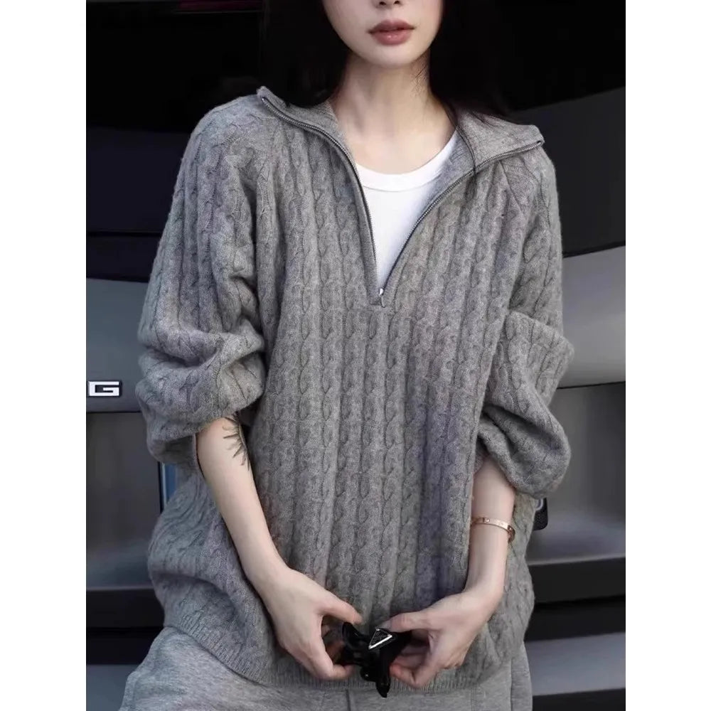 European high-end 100% wool sweater for women in winter with thickened semi-high neck and loose wool base