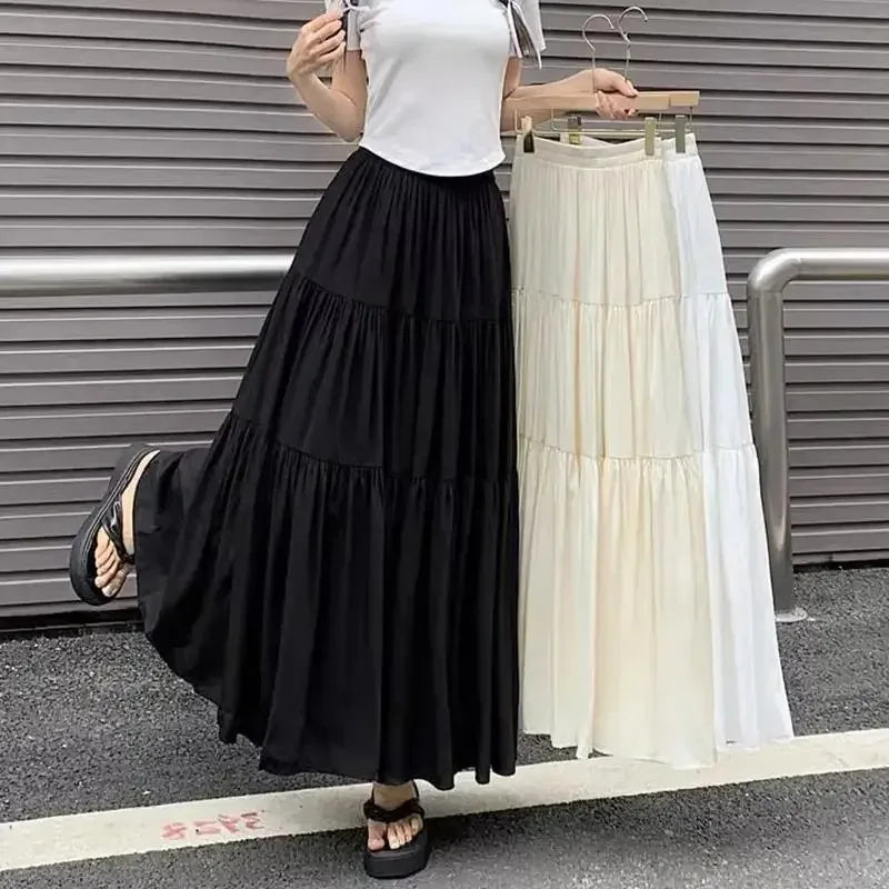 New Women Korean Tiered Maxi Skirt Elastic Waist Casual Solid Color A-line Faldas Mujer Holiday Streetwear Long Black Skirt