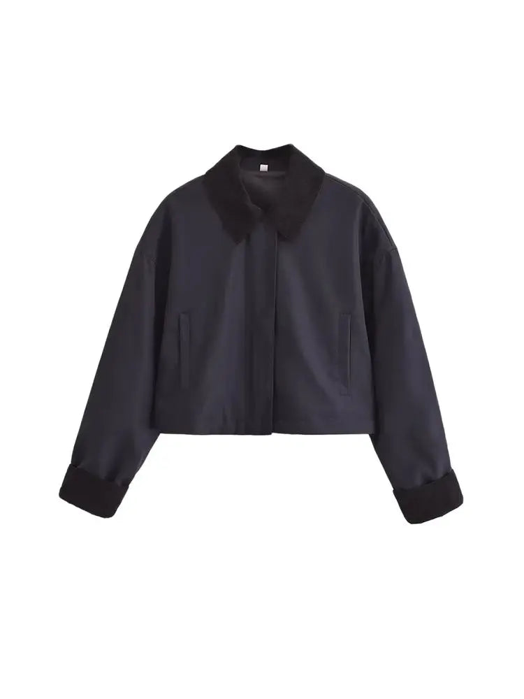 Women Fashion Patchwork Corduroy Cropped Jacket Coat Long Sleeve Front Zipper Female Outerwear Chic Tops