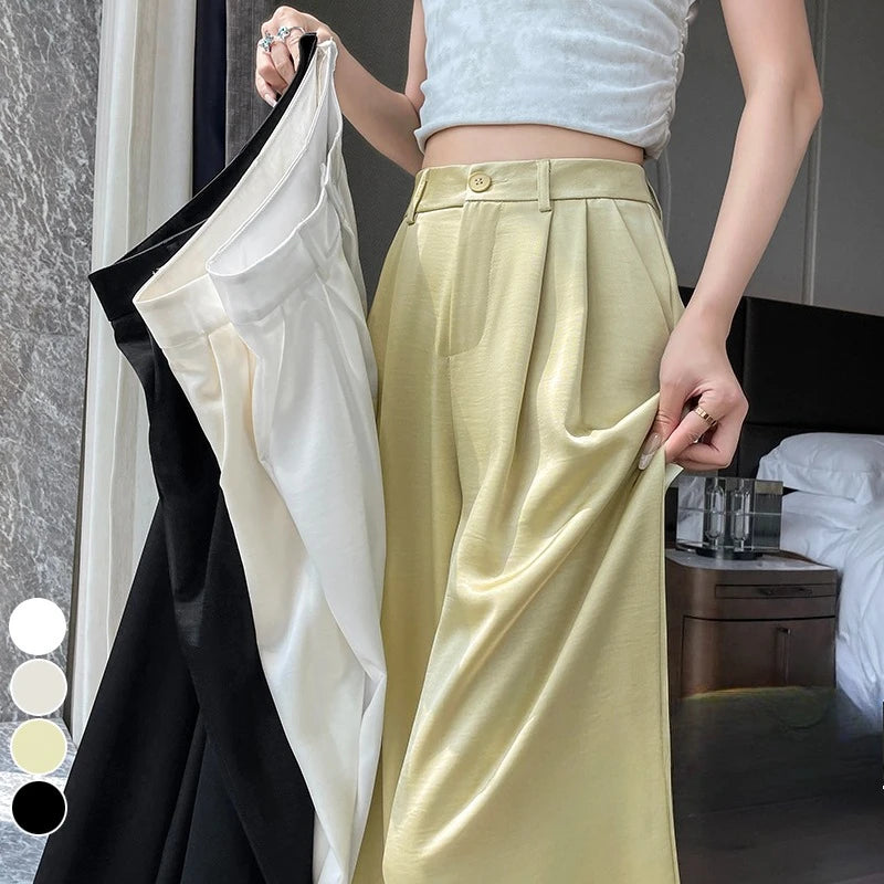 Summer High Waist Satin Women's Wide Leg Pants 2025 New Solid Single Button Elegant Casual Loose Straight Trousers Female