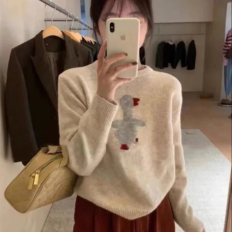 Women's new wool sweater high-end O-neck embroidered pullover sweater autumn and winter loose fashion shirt casual warm knit top