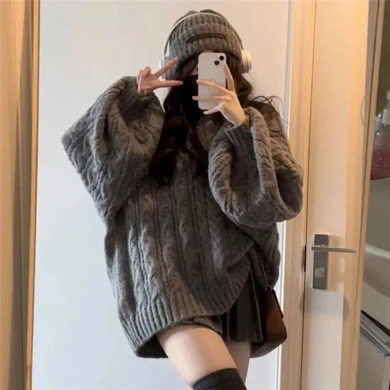 Autumn Winter Women Sweater Harajuku Oversized Long Sleeve V Neck Knitted Pullover Korean Loose Solid Preppy All Match Jumper