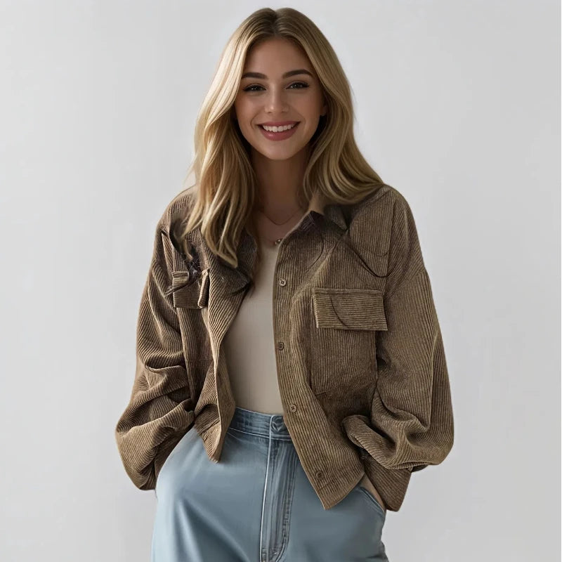 New Fashion Retro Versatile Coat Single Breasted Collar Corduroy Shirt Long Sleeve Women's Top 166