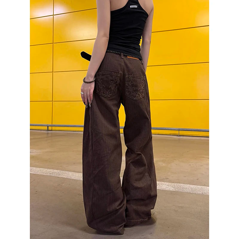 Women's Brown Y2k Wash Embroidery Jeans Harajuku Vintage Baggy Denim Trousers Aesthetic 2000s Style Oversize Jeans Pants Autumn