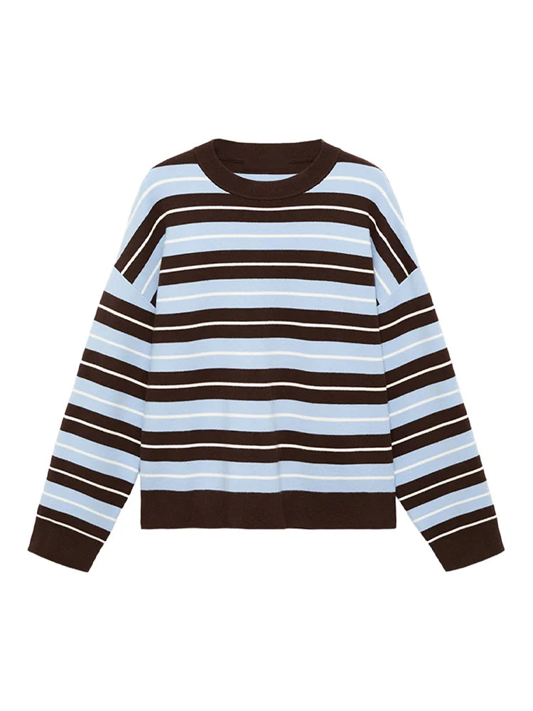 Women's Blue Brown White Striped Crew Neck Knitted Sweater O-neck Full Sleeve Top 2025 Autumn Female Casual Comfortable Pullover