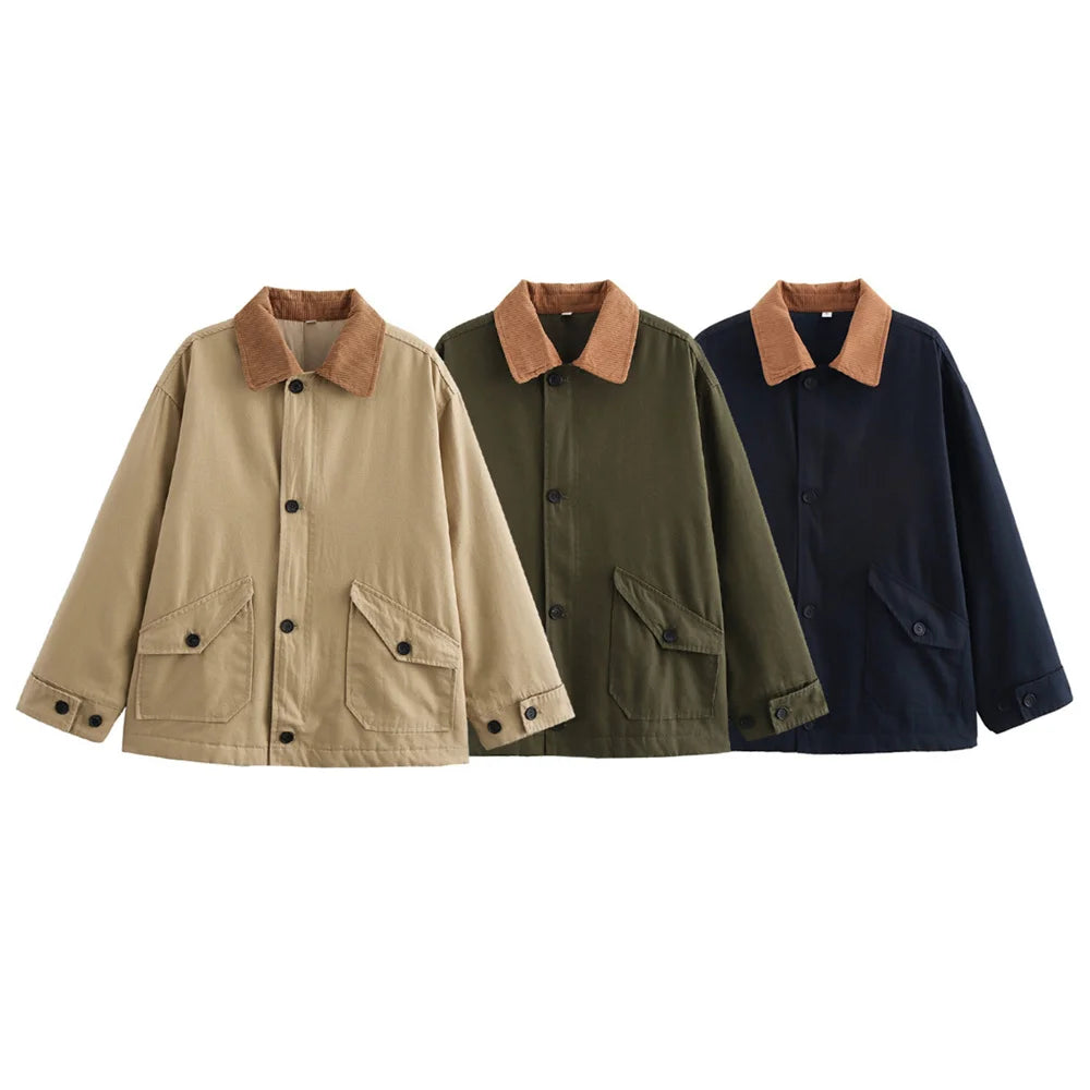 New women's clothing European and American style fashionable simple and versatile button decoration long sleeved cotton jacket