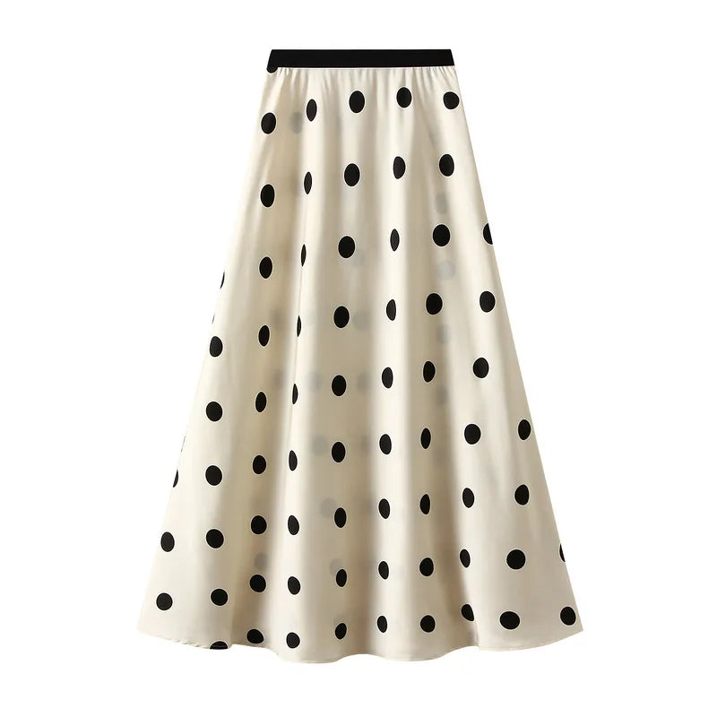 Women Slim High Waist Vintage Dots Printed Satin Women's Skirts 2025 New High Waist Office Lady Mid Length A-line Skirts Female