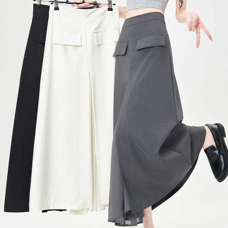 High Waist Chiffon Patchwork Women's A-line Skirts 2025 New Front Split Solid Casual Loose Umbrella Office Pleated Skirts Female