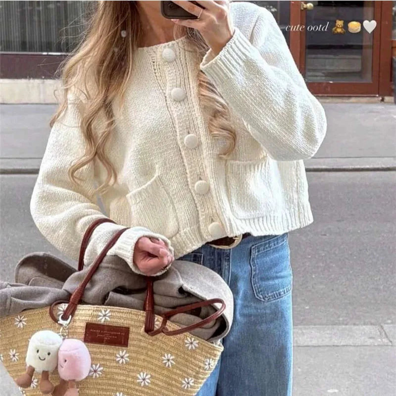 Winter Casual Long Sleeve Pocket Solid Short Jackets Fashion Single breasted Sweater Coat Autumn Elegant O-neck Knitted Cardigan