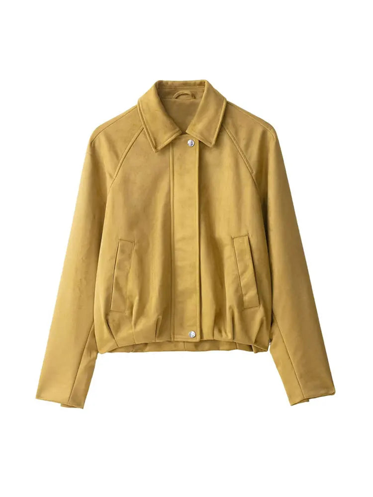 Women Fashion Faux Suede Bomber Jacket Coat Long Sleeve Front Zipper Female Outerwear Chic Tops