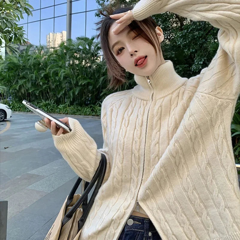 Turtleneck Zipper Sweater Jacket Women's Autumn and Winter Thickened Stand Collar Knitted Cardigan Loose Lazy Style
