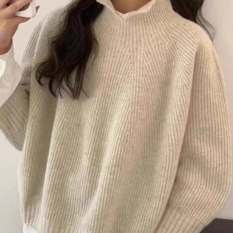 Women's Loose Half-High Neck Open Collar Wool Sweater Autumn/Winter Sleeve Cashmere Knitted Pullover Base Layer Top