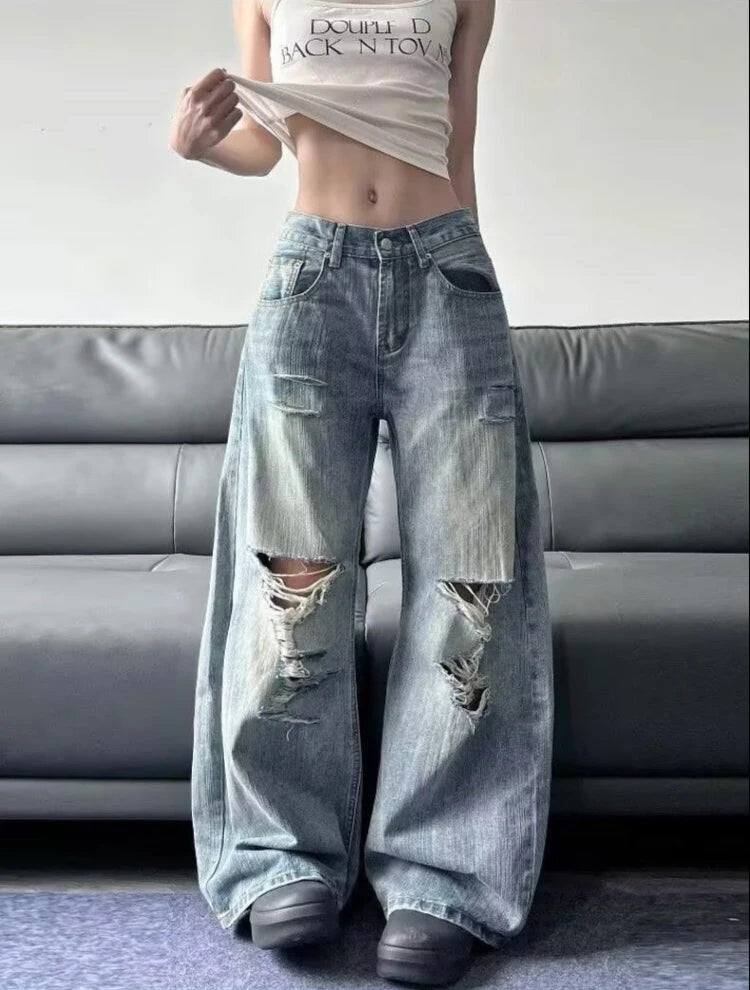 2025 Summer High Waist Ripped Women's Blue Jeans American Vintage Streetwear Y2K Wide Leg Jean 2000s Trouser Baggy Denim Pants