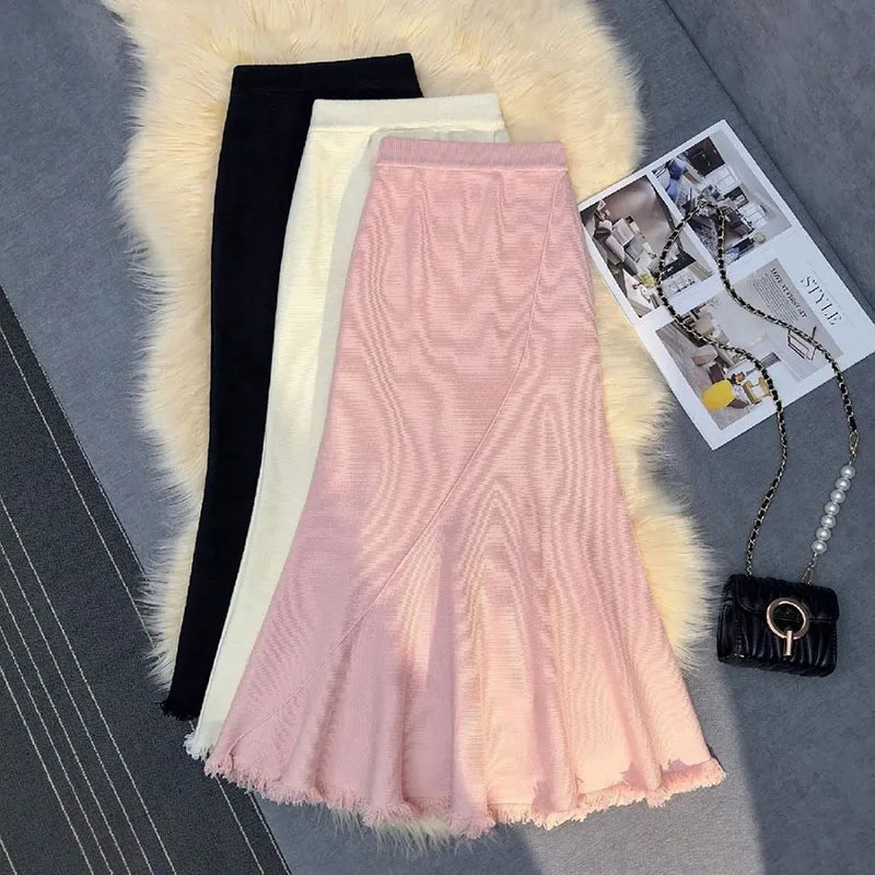 Fashion Tassel Mermaid Skirts Female Elegant Slim-Fit Package Hip Knit Long Skirt Women Korean High Street Thick Winter Clothes
