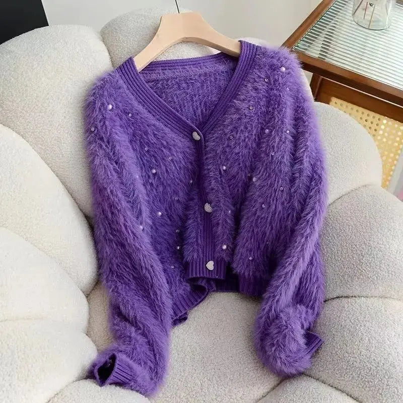 Purple Solid Casual Mink V-Neck Single Breasted Long Sleeve Women's Cardigan Sweater Cardigan For Women Clothing Autumn Winter