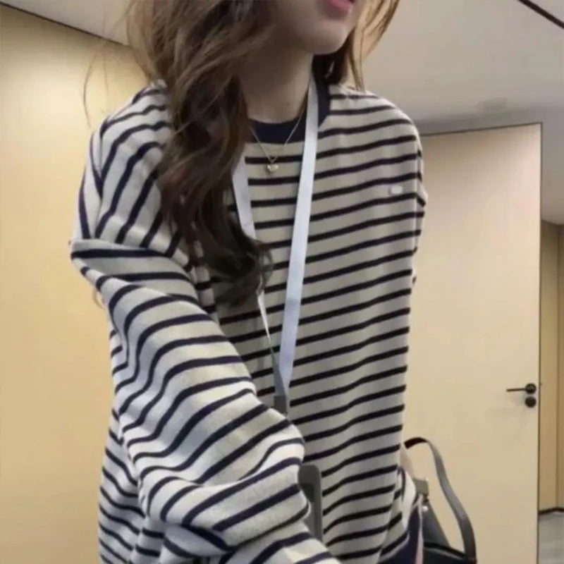 Women's Clothing Navy Blue Striped Pullover Sweatshirt for Women Autumn Winter Casual Retro Color Contrast Loose Chic Hoodie Top
