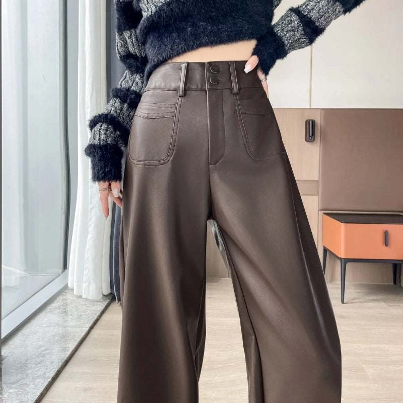 Autumn Winter High Waist Vintage Black PU Leather Wide Leg Pants 2025 Buttons Straight Casual Loose Full Length Trousers Female