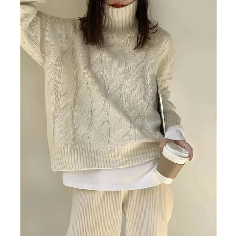 Turtleneck twist thickened 100% pure cashmere sweater women's loose sweater knit bottoming shirt lazy wind