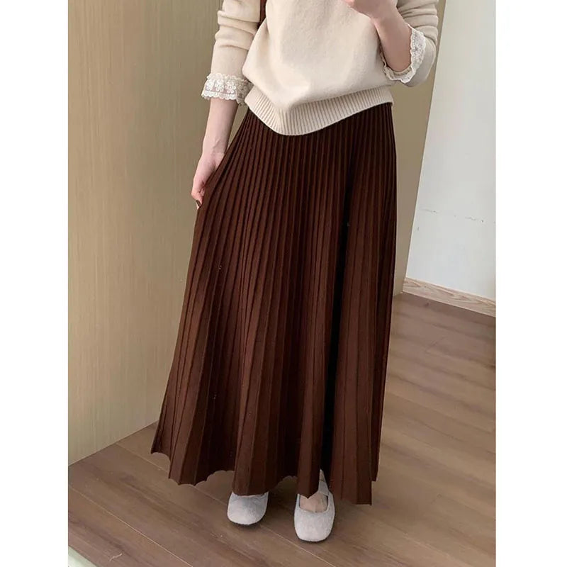 Vintage Women's Autumn Winter Pleated Skirts Korean Versatile Thicken Casual Knitted Skirts Elegant Temperament Long Skirt