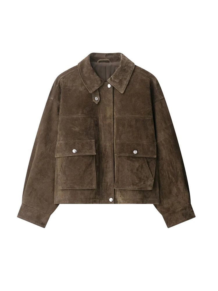 Women Fashion Faux Leather Bomber Jacket Coat Long Sleeve Front Patch Pockets Female Outerwear Chic Tops