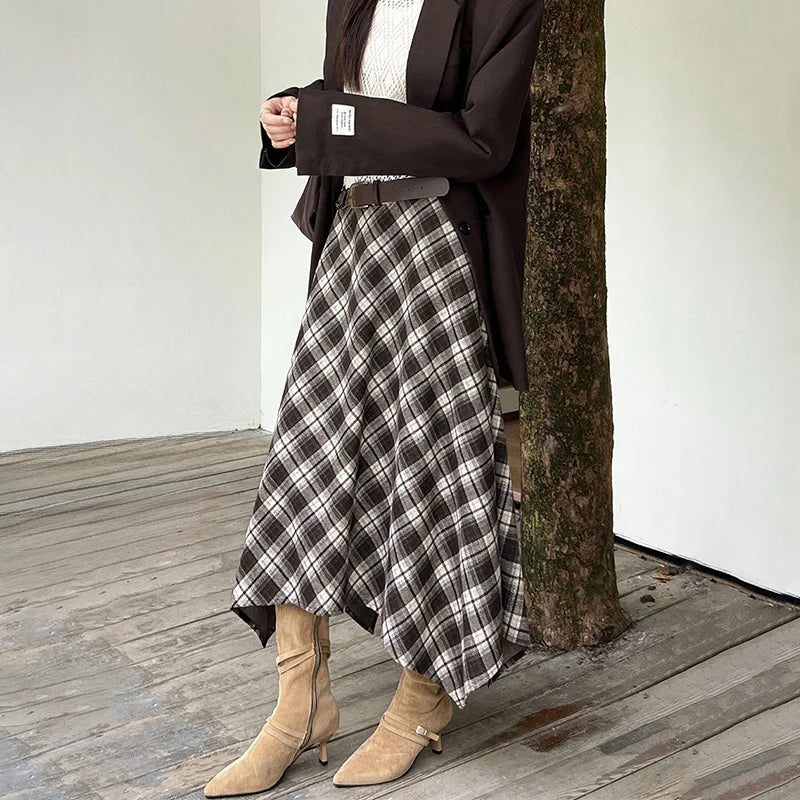 2025 Irregular Vintage Plaid Long Skirts Women Fashion Street High Waist Midi Skirt Woman Contrast Color Casual Pleated Skirts