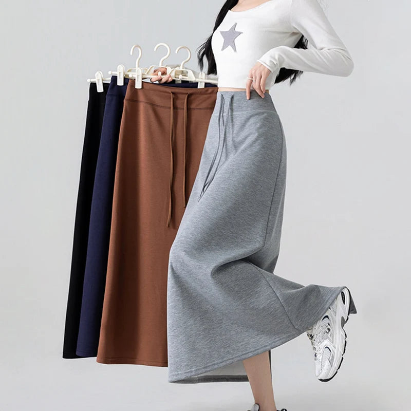 Simple Solid Color Long Skirts for Women Autmn Winter Chic Back Slit A-Line Midi Skirt Elegant Drawstring All Match Maxi Skirts