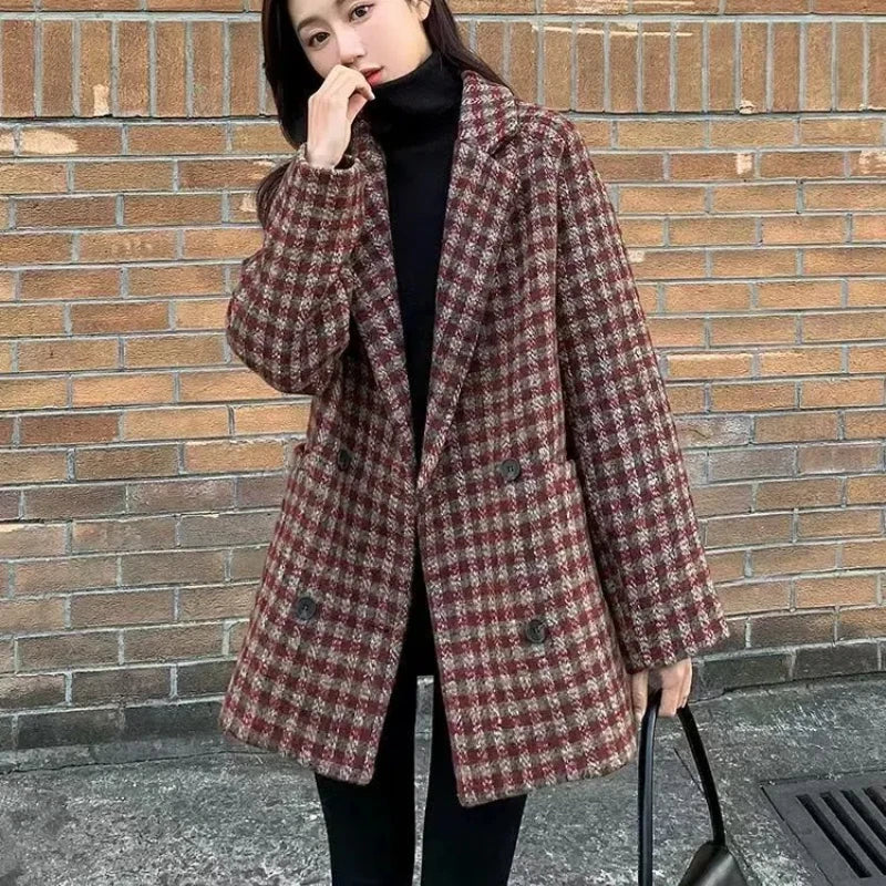 Thick Woolen Coat with Added Fleece Women's Mid to Long Style New Plaid Loose Double Breasted Coat Trendy