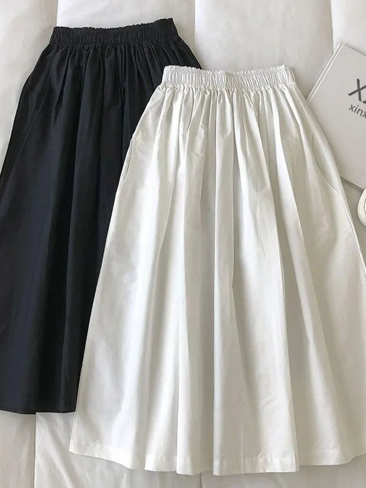 HOT Women's White Long Skirt High Waist A-Line Knee-Length Fashion Pockets Pleated Casual Elegant Skirts for Autumn 2024