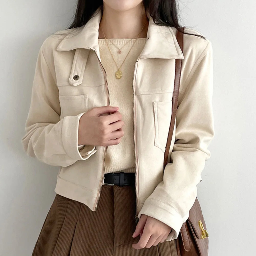 Autumn Korean Vintage Design Suede Coat Women's Turtleneck Long-sleeve Double-pocket Chic Coat Casual Sports Jacket Office Lady