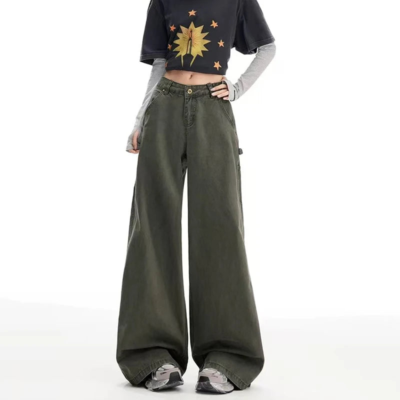 Army Green Cargo Wide Leg Jeans for Women Autumn High Waist Streetwear Loose Straight Trousers Korean Fashion Casual Denim Pants