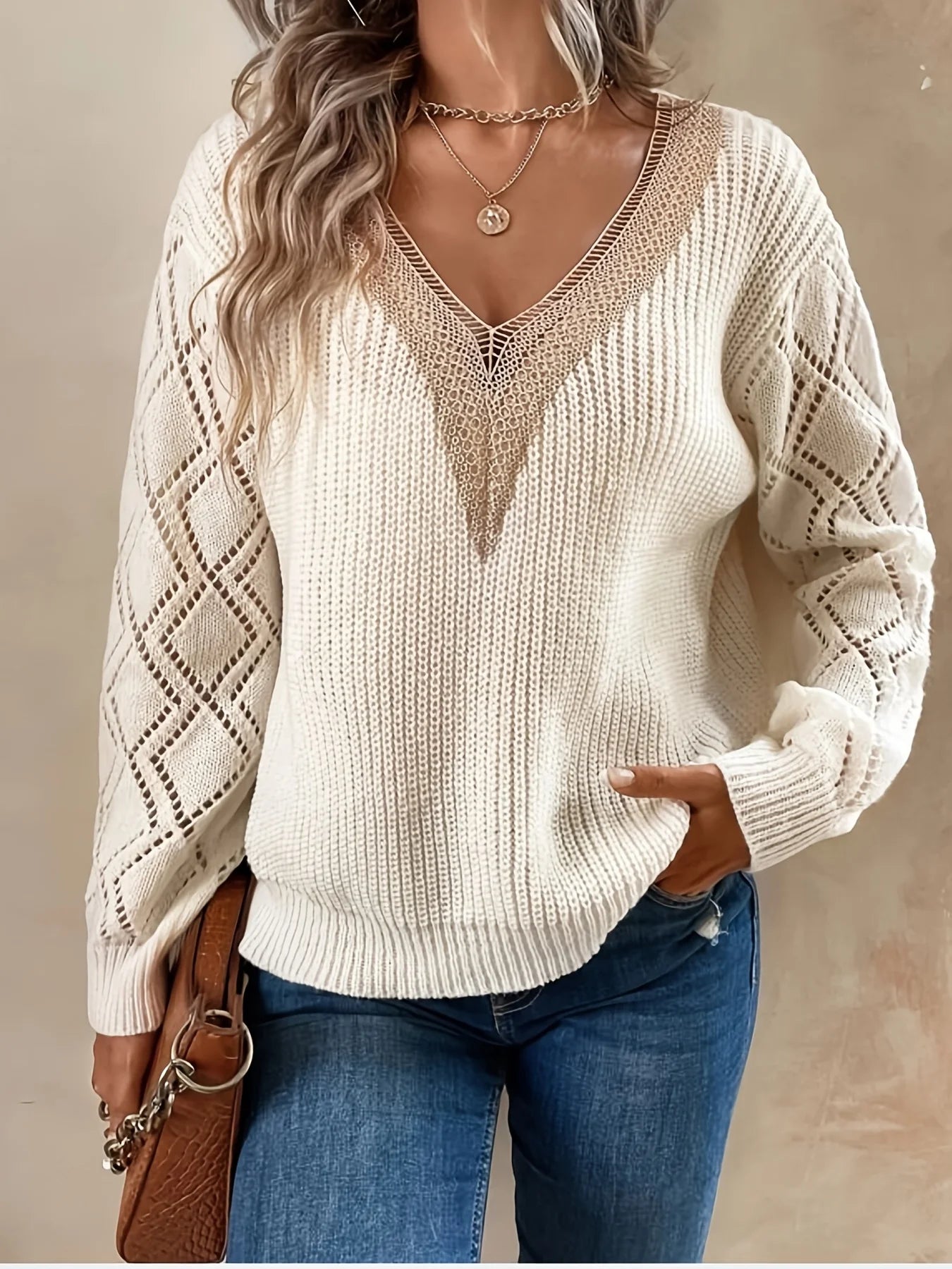 Solid V Neck Knitted Sweater, Hollow Out Long Sleeve Casual Sweater For Fall  Winter Women's Clothing