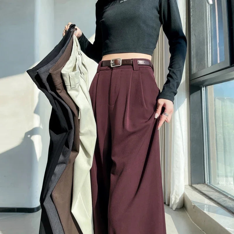 2025 New Spring Summer Loose Women's Wide Leg Full Pants Red High Waist Solid Female Elegant Straight Casual Trousers