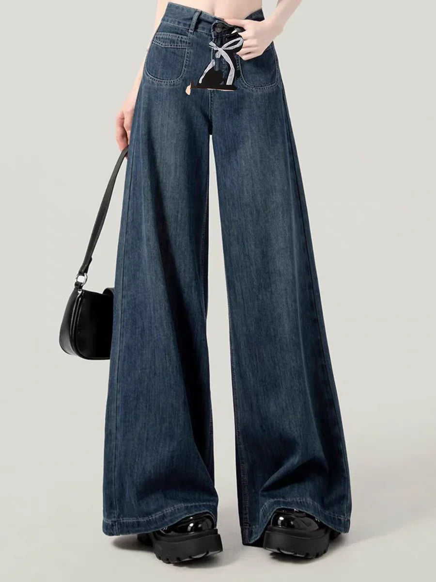 Casual Womens Jeans Autumn Winter High Waist Wide Leg Loose Trousers Vintage Heavyweight Lazy Drape Straight Long Pants