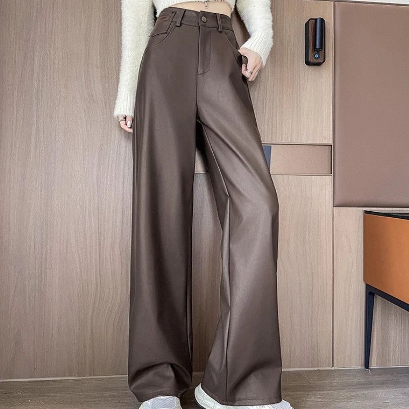 High Waist Vintage PU Leather Women's Wide Leg Pants 2025 New Autumn Winter Single Button Casual Loose Full Length Pants Female