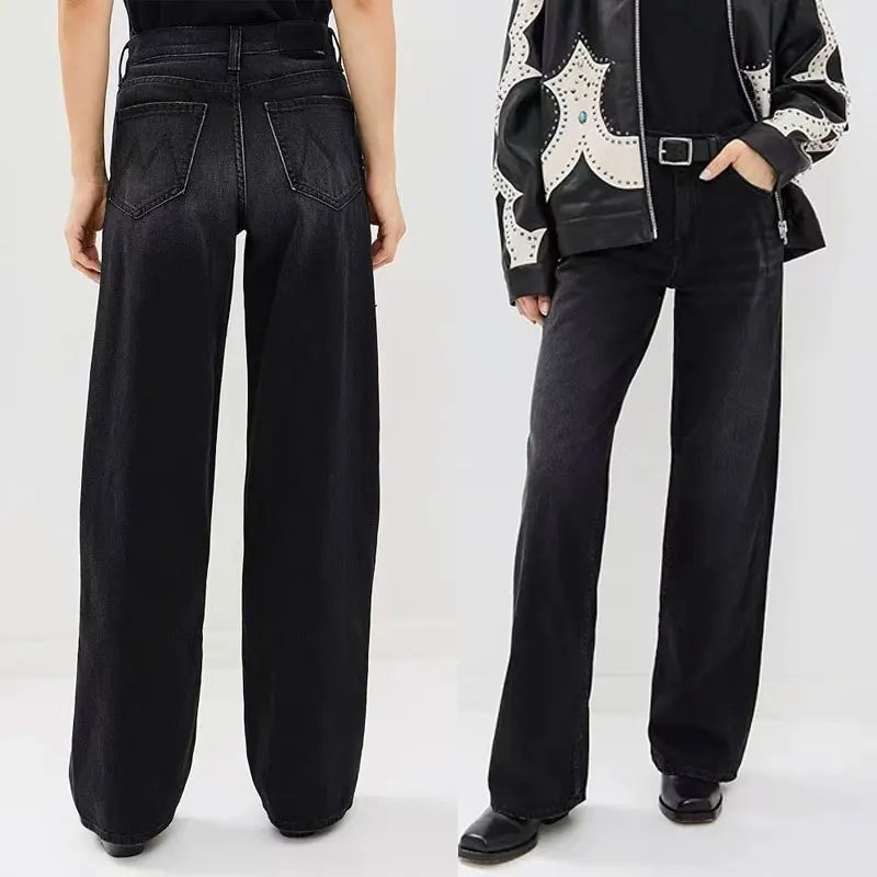 Women High waisted jeans non elastic wide leg straight denim pants