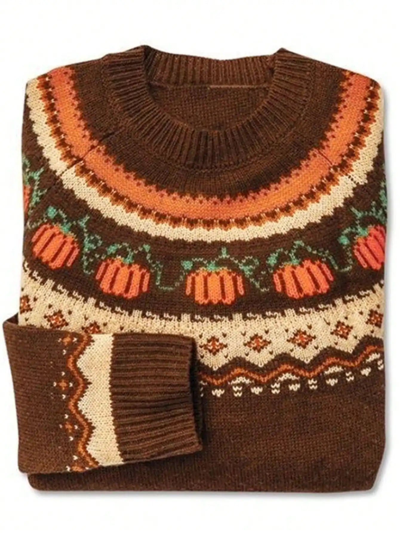 Round neck Halloween pumpkin fashionable jacquard casual regular interval color woolen pullover top