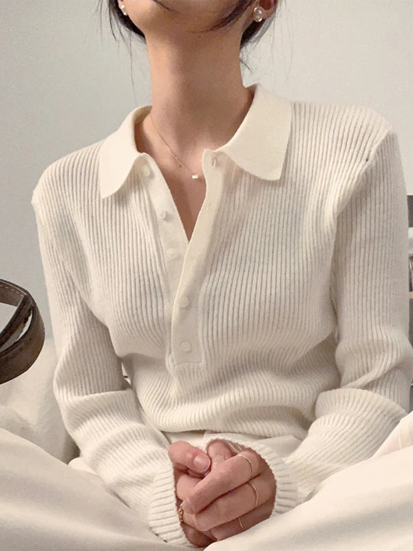 Ele Long Sve Knitted irt for Women Chic White Collar Base Layer Top Premium Feel Autumn 2025 Faion Trend