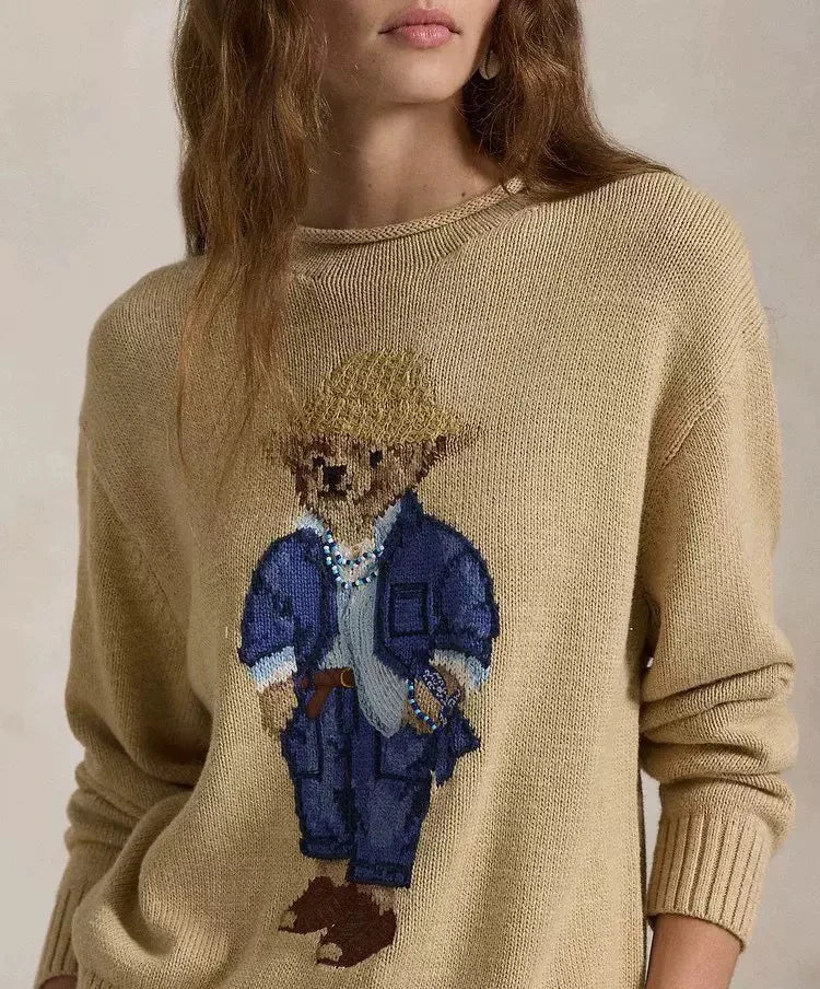 New Women's Curled collar Knitted Sweater Pure Cotton Cartoon Bear High Quality Autumn and Winter Sweater Christmas Atmosphere