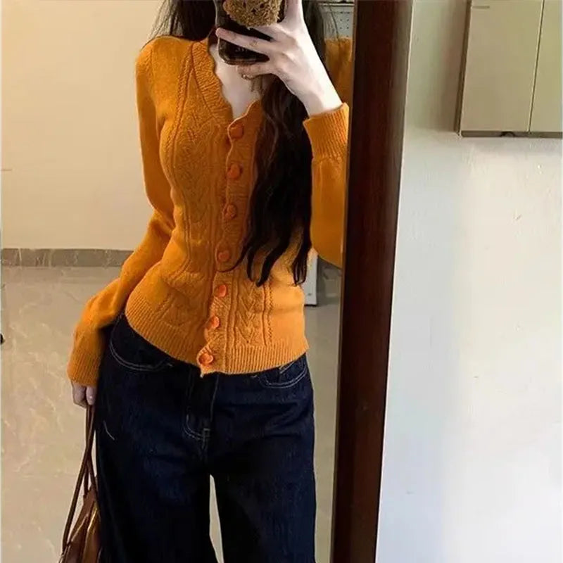 Women's Slim Fit V-Neck Knitted Open Cardigan Orange Early Autumn New Style Inner Wear Sweater Top Polyester Spandex Blend