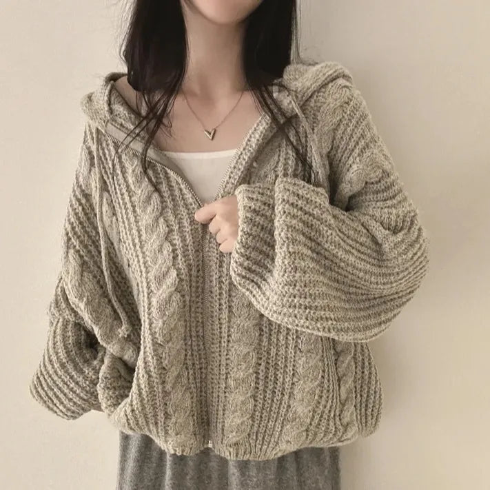 Loose Women's Knitted Hat Sweater Coat Lazy Sle Retro Twist Japanese Sle Anti-Aging Knitted Open Cardigan Korean Version ...