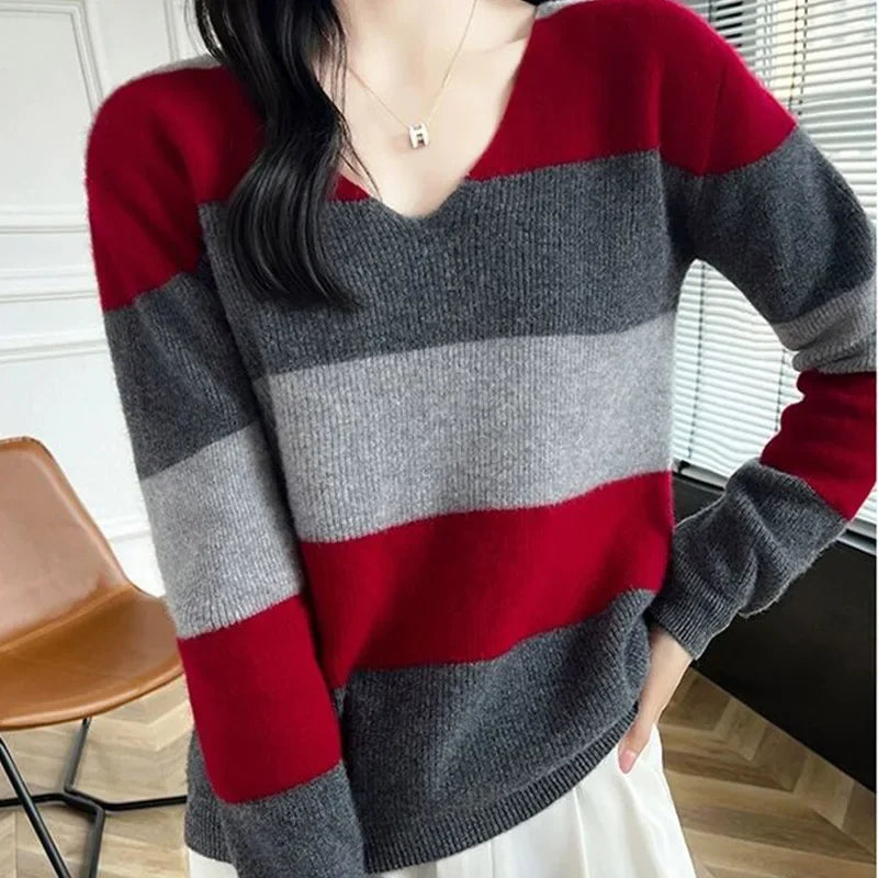 Autumn Winter New Color Blocked Sweaters Women Clothing Fashion Loose V-neck Knitted Jumper Vintage Commute Pullovers