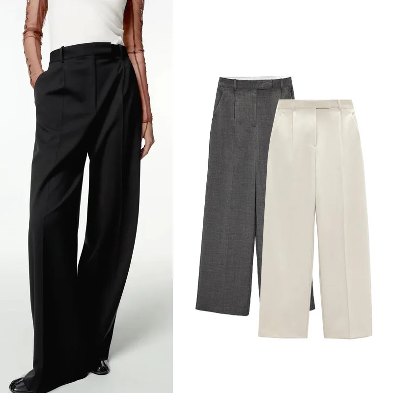 High Waist Wide Leg Pants Commute Sle Asymmetric Design Small Pleats Bla Profional Long Trousers for Women